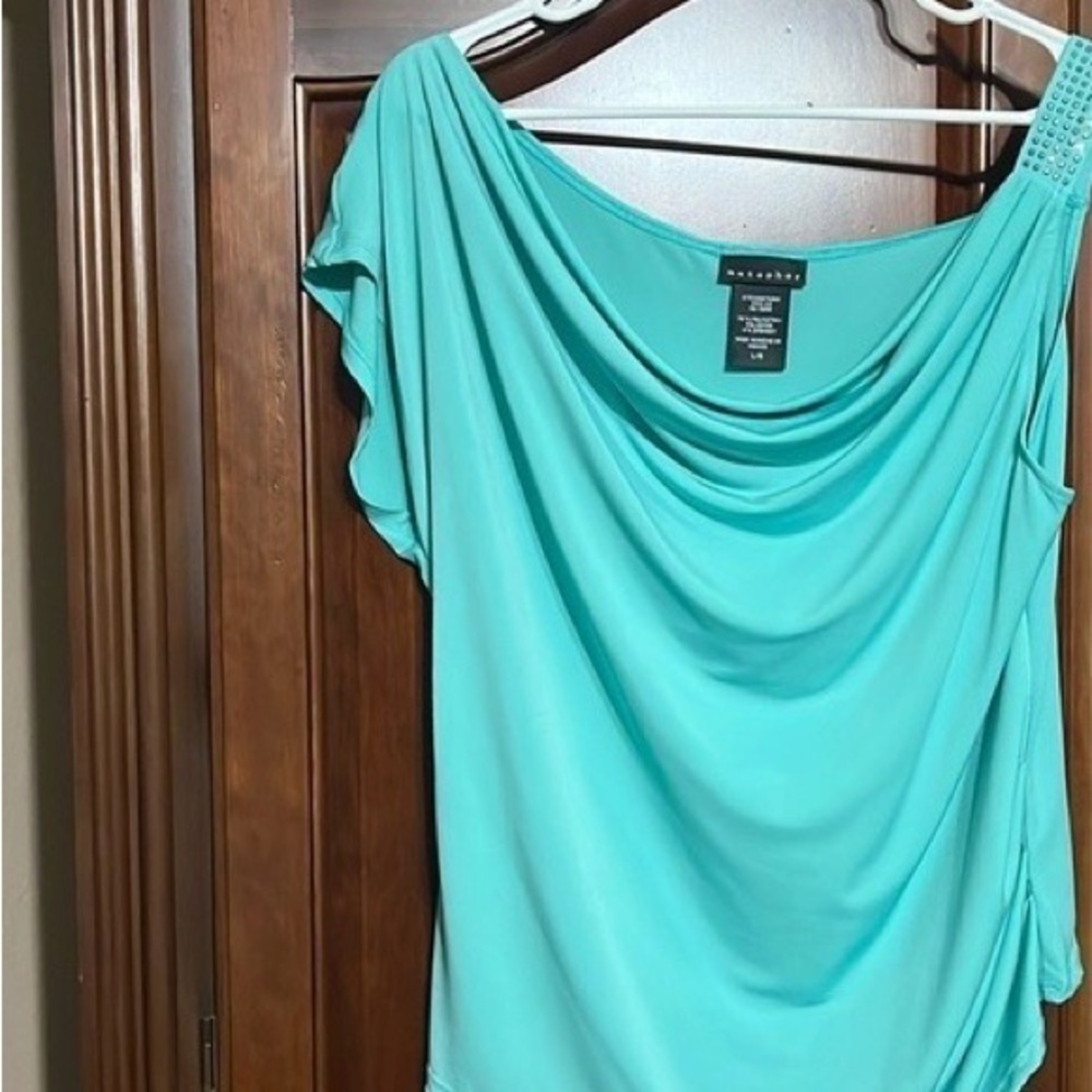 Worthington Turquoise One-Shoulder Draped Blouse with Beaded Strap
